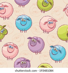 Seamless pattern with cartoon funny sheep. Childish vector wallpaper.