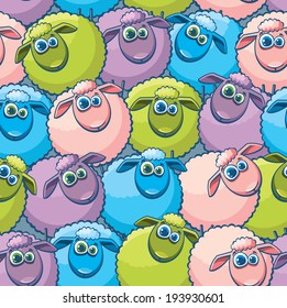 Seamless pattern with cartoon funny sheep. Animal vector wallpaper.