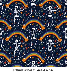 Seamless pattern with cartoon funny skeleton holding the rainbow and stars around. Vector illustration.