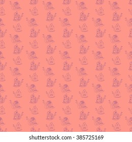 Seamless pattern of Cartoon funny snails with houses. Vector hand drawn illustration.