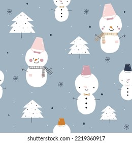 Seamless pattern with cartoon funny snowmans. Winter childish print. Vector hand drawn illustration.