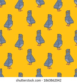 Seamless pattern with cartoon funny stupid pigeon on yellow background