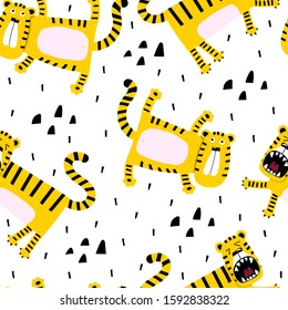 Seamless pattern with cartoon funny tigers, decor elements. flat colorful kids vector. animals. baby design for fabric, textile, wrapper, print