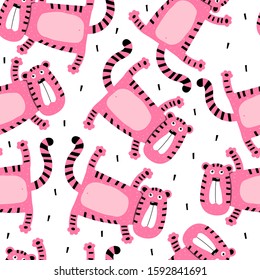 Seamless pattern with cartoon funny tigers, decor elements. flat colorful kids vector. animals. baby design for fabric, textile, wrapper, print