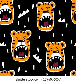 Seamless pattern with cartoon funny tigers, decor elements on a neutral background. flat colorful kids vector. animals. baby design for fabric, textile, wrapper, print