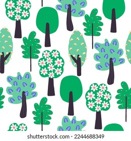 Seamless pattern with cartoon funny trees. Childish depths of a forest print. Vector hand drawn illustration.