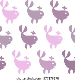 Seamless pattern with cartoon funny  whales of violet and purple colors. Marine background. Vector illustration. Flat design.