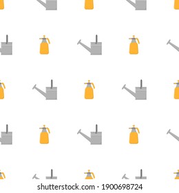 Seamless pattern with cartoon garden sprayer and watering can on white background. Gardening tool. Vector illustration for any design.