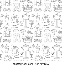 Seamless pattern with cartoon gardening items. Vector illustration.