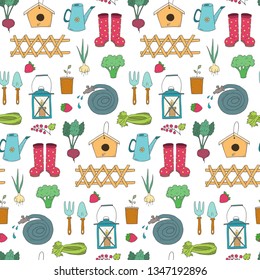 Seamless pattern with cartoon gardening items. Vector illustration.
