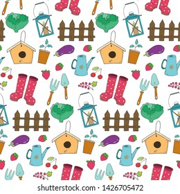 Seamless pattern with cartoon gardening items. Vector illustration.