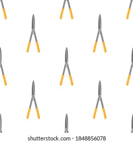 Seamless pattern with cartoon gardening scissors on white background. Gardening tool. Vector illustration for any design.
