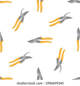Seamless pattern with cartoon gardening scissors, secateur on white background. Gardening tool. Vector illustration for any design.
