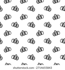 Seamless pattern of cartoon garlic bulbs arranged diagonally on a white background. Simple gray vegetable design ideal for textiles, wallpapers, packaging, stationery, and culinary themed graphic