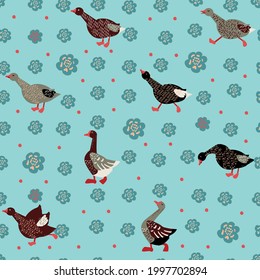 seamless pattern with cartoon geese and flowers, vector design for paper, fabric and other surfaces