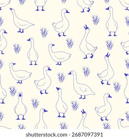 Nahtloses Muster mit Cartoon-Gänsen und Graselementen in Blau und Creme, perfekt für Kinderdesigns.