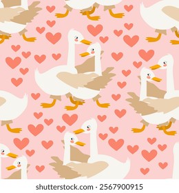 Seamless pattern cartoon geese in love hugging among hearts. Vector white romantic background for packaging design, fabric