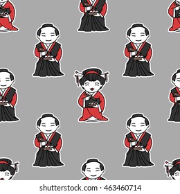 Seamless pattern with cartoon geisha and samurai on a gray background.