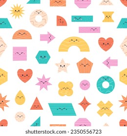 Seamless pattern with cartoon geometric shapes characters. Basic abstract geometry figures with cartoon faces. Vector illustration in flat style