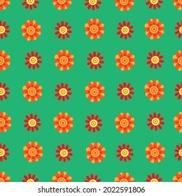 Seamless pattern with  cartoon gerbera green background. Floral print with plants. Abstract vector flowers.
