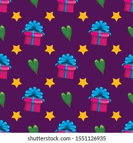 Seamless pattern with cartoon gift box and heart. Cute print with vector cartoon holiday items.