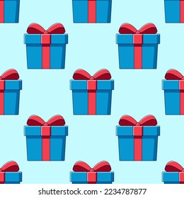 Patrón sin foco de giftbox de dibujos animados sobre fondo azul claro. Ilustración colorida para sitios web, envoltura, impresión, tela. Concepto de Navidad y Año Nuevo