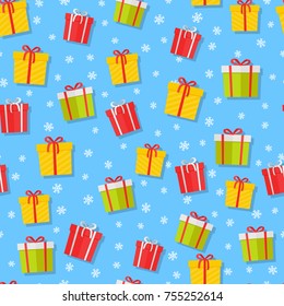 Seamless pattern with cartoon giftboxes. Wrapped boxes with stripes and bows flat vector on color background with snowflakes for gift wrapping paper, christmas greeting card, invitations