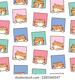 Seamless Pattern with Cartoon Ginger Cat Face in Square Design on White Background