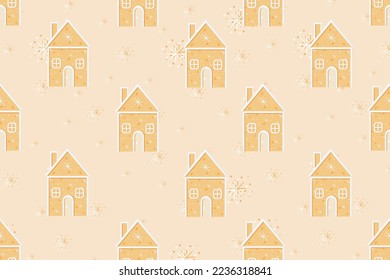 Seamless pattern with cartoon gingerbread house, falling snowflakes. Marketing material, xmas concept, festive pastries. Bakery banner.