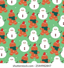 seamless pattern cartoon gingerbread and snowman. cute winter and christmas wallpaper for fabric print, gift wrap paper