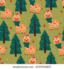 seamless pattern cartoon giraffe with christmas tree and santa hat. cute christmas wallpaper for gift wrap paper