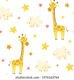 Seamless pattern with cartoon giraffe, clouds and stars.