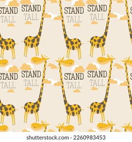 Seamless pattern with cartoon giraffe, clouds and words.