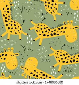 Seamless pattern with cartoon giraffe, decor elements on a neutral background. summer colorful vector for kids. hand drawing, flat style. Baby design for fabric, print, textile, wrapper