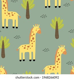 Seamless pattern with cartoon giraffe, decor elements. colorful vector for kids. hand drawing, flat style. Baby design for fabric, print, textile, wrapper