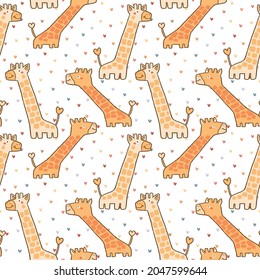 Seamless Pattern of Cartoon Giraffe Design on White Background with Hearts