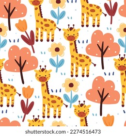 seamless pattern cartoon giraffe and flower. cute animal wallpaper for textile, gift wrap paper