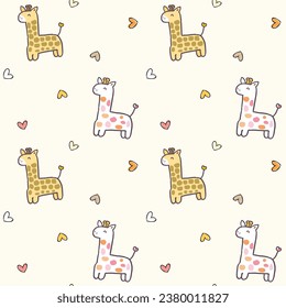 Nahtlose Muster von Cartoon Giraffe und Herzdesign auf hellgelbem Hintergrund