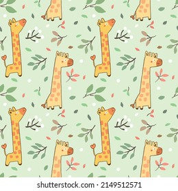 Seamless Pattern with Cartoon Giraffe and Leaf Design on Light Green Background