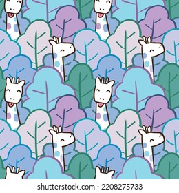 Seamless Pattern of Cartoon Giraffe and Leaf Illustration Design