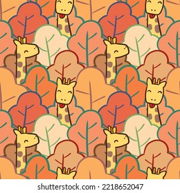 Seamless Pattern of Cartoon Giraffe and Leaf Illustration Design