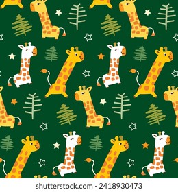 Seamless Pattern with Cartoon Giraffe, Leaf and Star Design on Dark Green Background