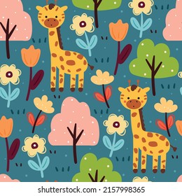 seamless pattern cartoon giraffe and plant. animal wallpaper for fabric print, textile