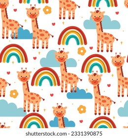 seamless pattern cartoon giraffe with sky element. cute animal wallpaper for textile, gift wrap paper