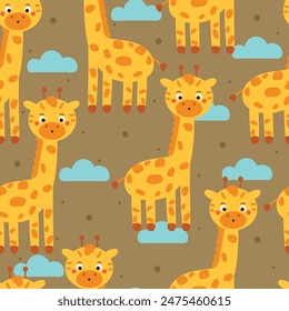 seamless pattern cartoon giraffe with sky element. cute animal wallpaper for textile, gift wrap paper