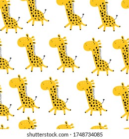 Patrón sin foco con jirafa de dibujos animados. vector colorido de verano para los niños. dibujo a mano, de estilo plano. Diseño de bebé para tela, impresión, textil, envoltura