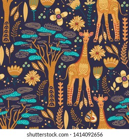 Seamless pattern with cartoon giraffe vector flat illustration in scandinavian style. Cute african animal background with detailed floral elements.