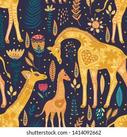 Seamless pattern with cartoon giraffe vector flat illustration in scandinavian style. Cute african animal background with detailed floral elements.