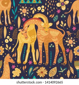 Seamless pattern with cartoon giraffe vector flat illustration in scandinavian style. Cute african animal background with detailed floral elements.