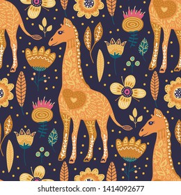 Seamless pattern with cartoon giraffe vector flat illustration in scandinavian style. Cute african animal background with detailed floral elements.